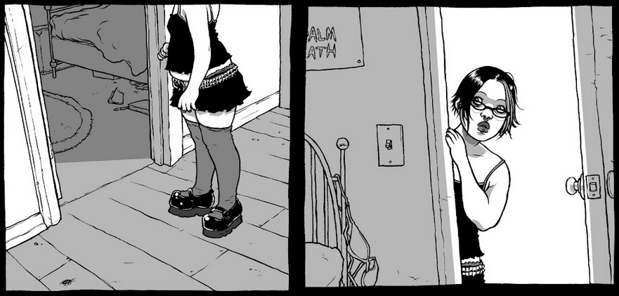 comic panels showing a chubby white girl in goth clothes