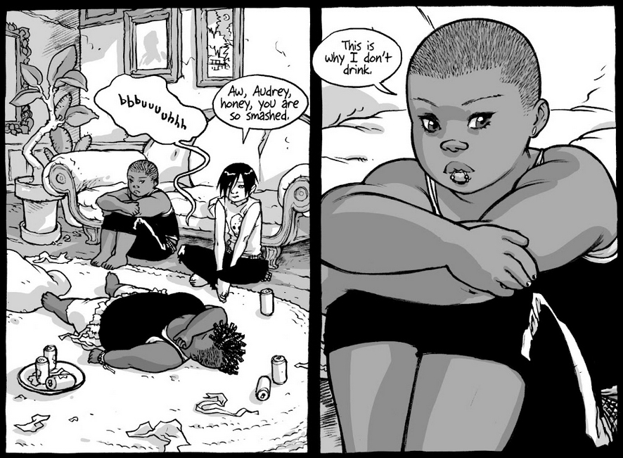 comic panels showing two black girls and a white guy on the floor or a living room
