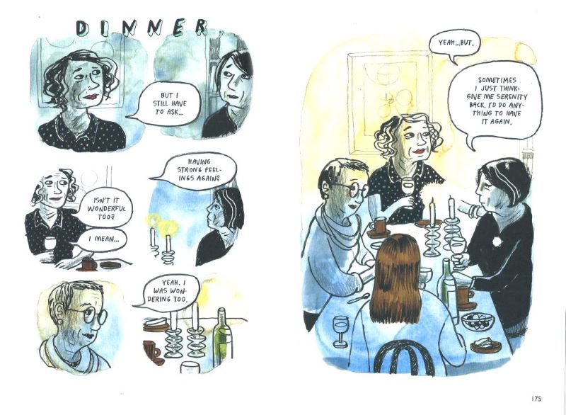 two graphic novel pages showing a group of four white, middle aged women sitting around a kitchen table